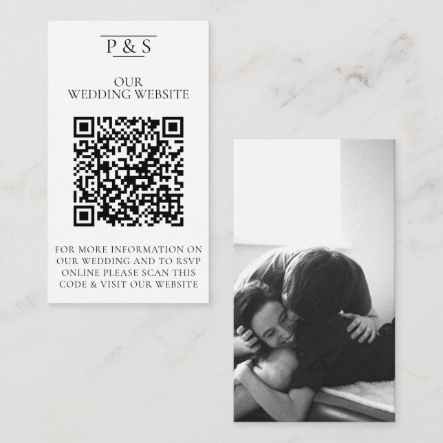 Carte D'accompagnement Site Mariage noir et blanc QR Code Photo Rsvp (Devant / Derrière)