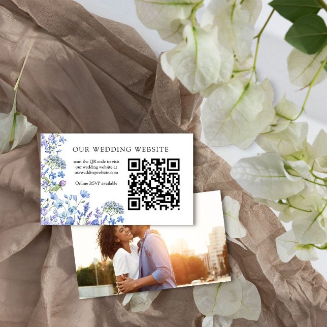 Carte D'accompagnement Site mariage QR Code RSVP Periwinkle Fleur sauvage (Wedding Website card with qr code and photo - from Lilac + Periwinkle Wildflower Wedding Collection)
