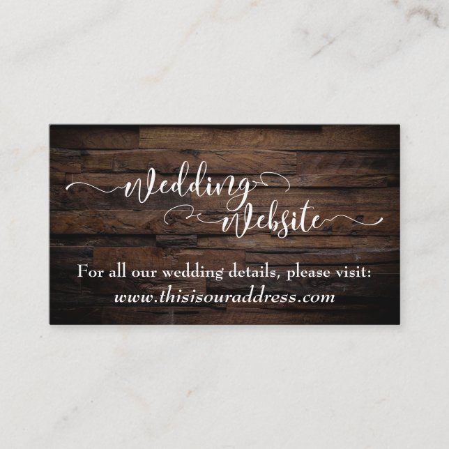 Carte D'accompagnement Site mariage | Script blanc et bois Brown rustique (Devant)