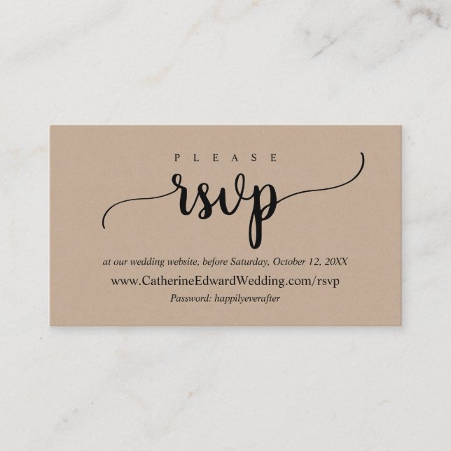 Carte D'accompagnement Site RSVP en ligne, Script noir, Kraft Brown (Devant)