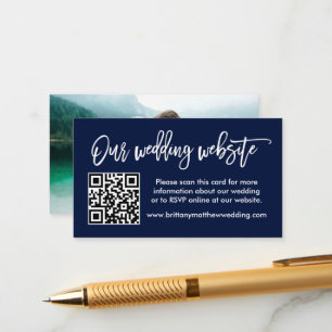Carte D'accompagnement Site Web de Mariage Brush Script QR Photo Bleu