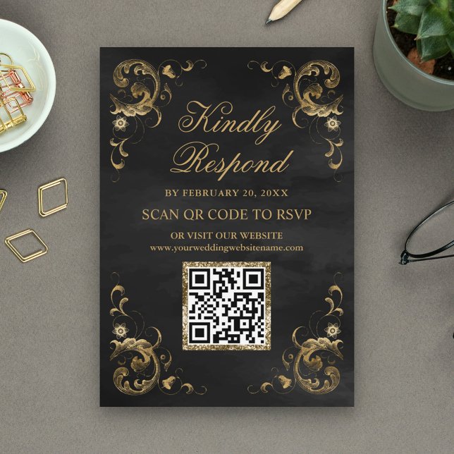 Carte D'accompagnement Site Web de Mariage Code QR RSVP Or Noir (Créateur téléchargé)
