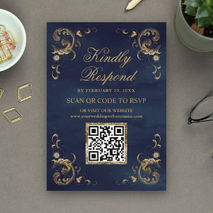 Carte D'accompagnement Site Web Mariage de Navy Blue Gold QR Code RSVP
