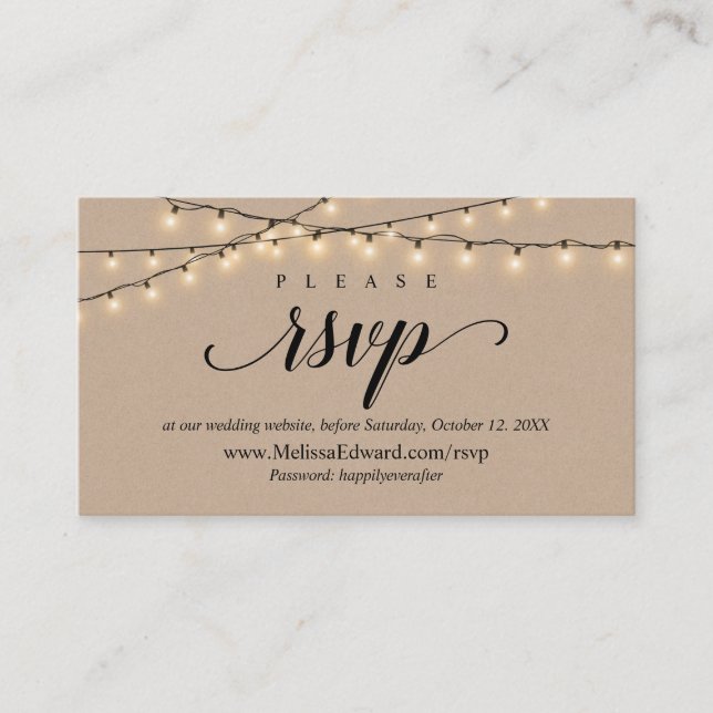 Carte D'accompagnement Site web RSVP en ligne, String Lights Kraft (Devant)