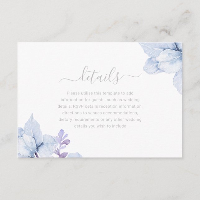 Carte D'accompagnement Sky Blue Dusty Floral Aquarelle Détails du Mariage (Devant)