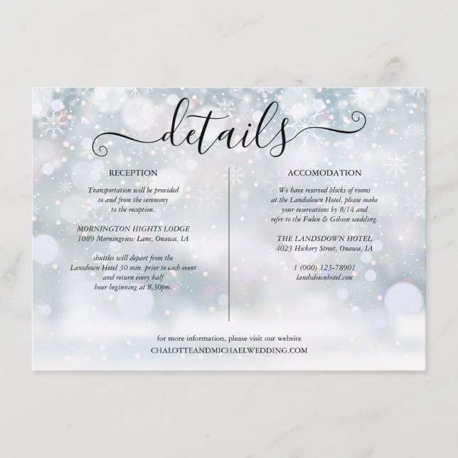 Carte D'accompagnement Snowflakes d'hiver Détails du Mariage Information (Devant)