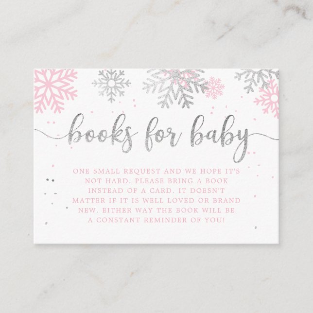 Carte D'accompagnement Snowflakes D'Hiver Livres Rose Et Argent Pour Bébé (Devant)
