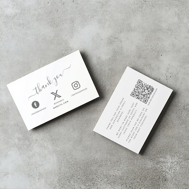 Carte D'accompagnement Social media QR code merci escompte Encl (White thank you insert card with "thank you" message, QR Code and social media icons)