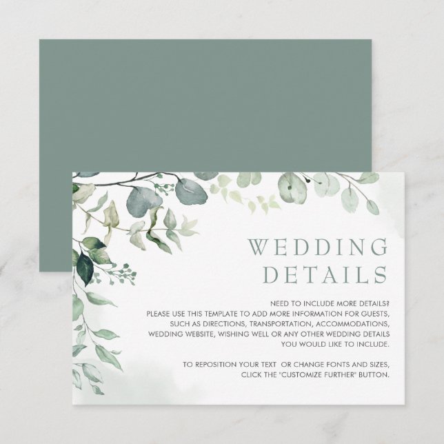 Carte D'accompagnement Soft Eucalyptus Green Garden Détails de mariage (Devant / Derrière)