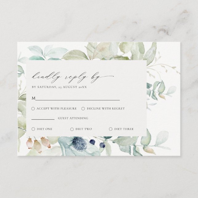 Carte D'accompagnement Soft Pastel Blue Green Foliage Frame Mariage RSVP (Devant)