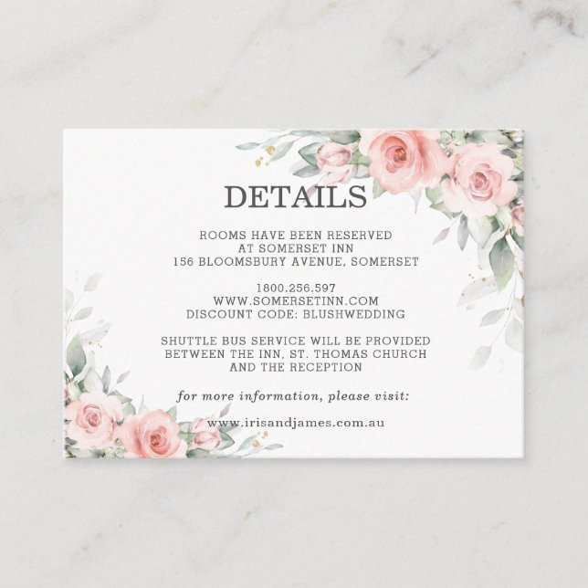 Carte D'accompagnement Soft Pastel Blush Rose Floral Détails du Mariage I (Devant)