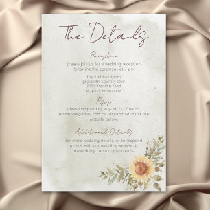 Carte D'accompagnement Soft Sunflowers Boho Heart Détails du Mariage