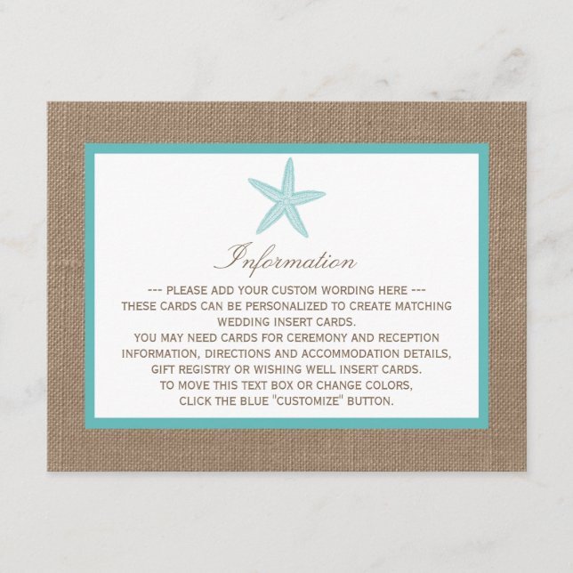 Carte D'accompagnement Starfish Turquoise Burlap Beach Wedding Collection (Devant)