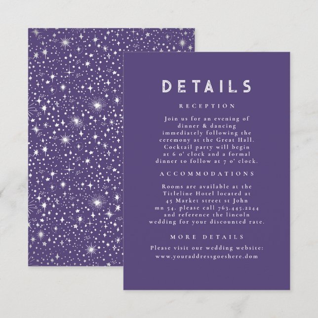 Carte D'accompagnement Starry Night Celestial Purple Détails du Mariage (Devant / Derrière)