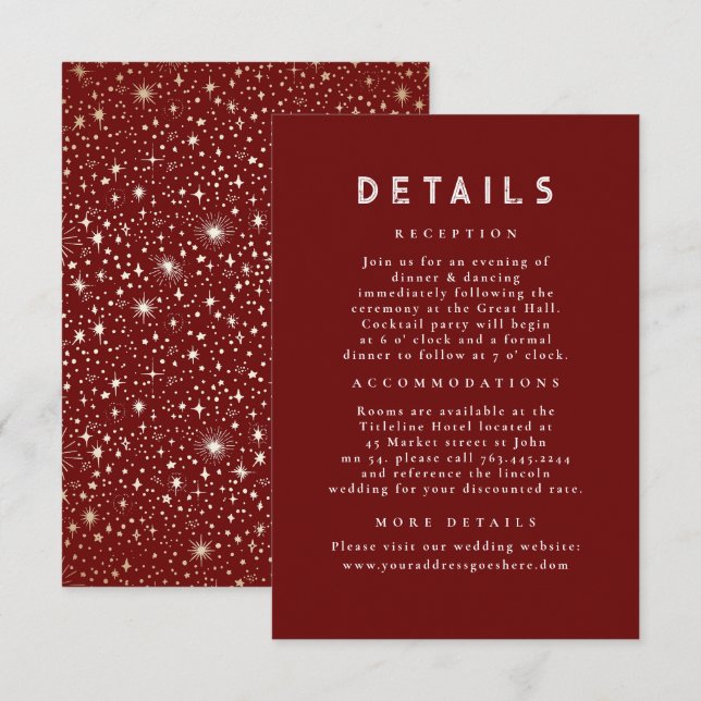Carte D'accompagnement Starry Night Celestin Red Gold Détails du Mariage (Devant / Derrière)