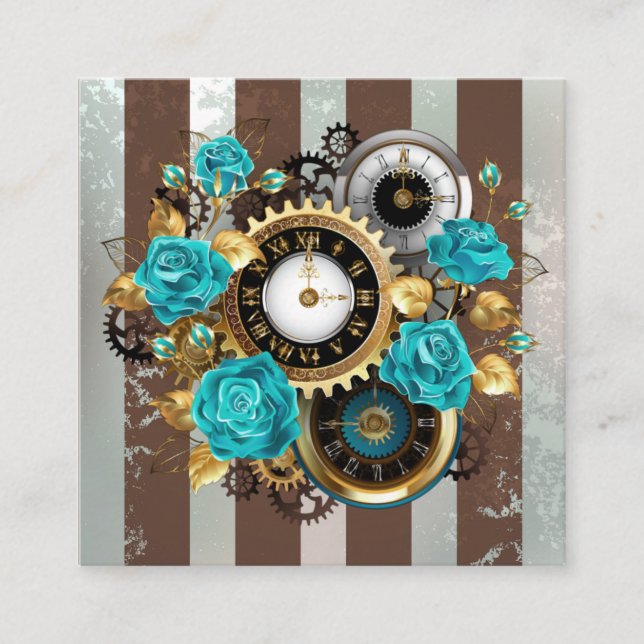 Carte D'accompagnement Steampunk Clock and Turquoise Roses on Striped (Devant)
