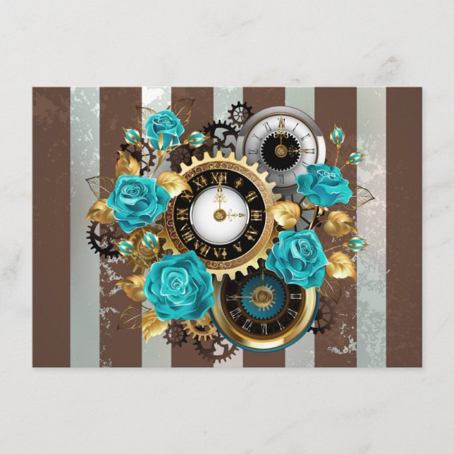 Carte D'accompagnement Steampunk Clock and Turquoise Roses on Striped (Devant)