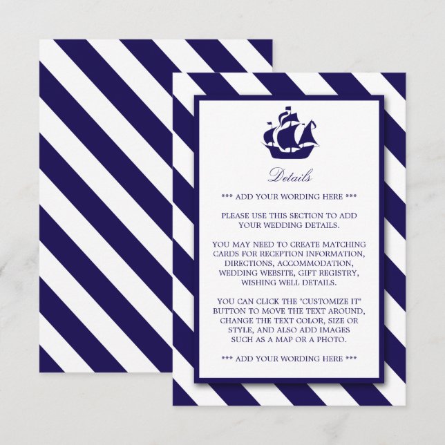 Carte D'accompagnement Stripes nautiques et Marine Blue Ship Mariage Déta (Devant / Derrière)