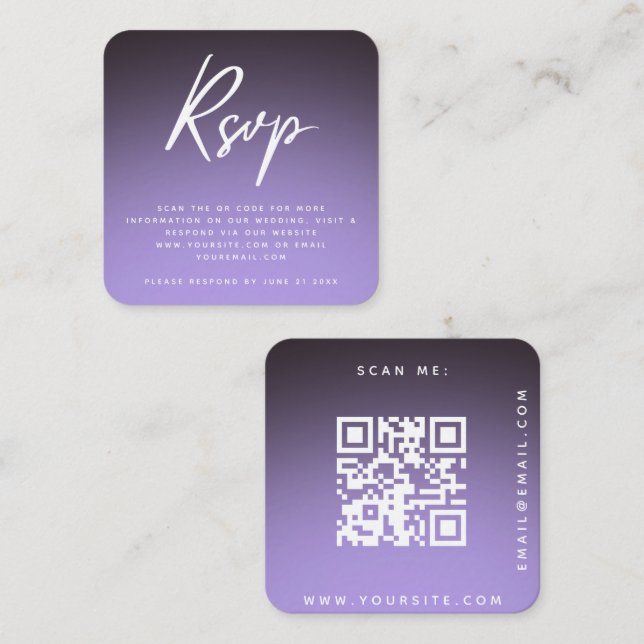 Carte D'accompagnement Style violet Ombre RSVP QR Code Mariage Chic (Devant / Derrière)