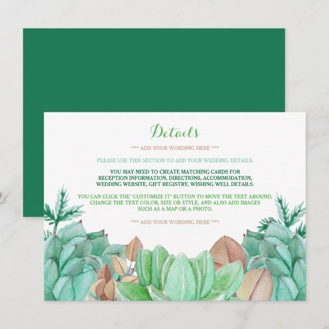 Carte D'accompagnement Succulent Bouquet Botanique Floral Mariage Détail (Devant / Derrière)