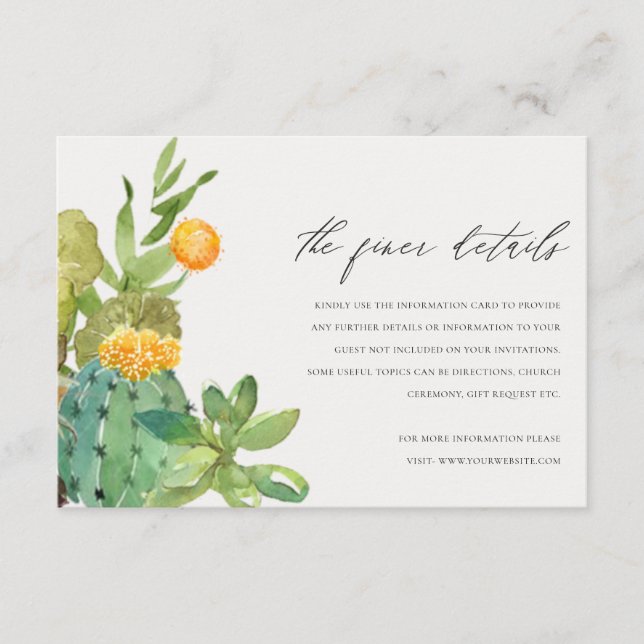 Carte D'accompagnement Succulent Cactus Foliage Jaune Détails du Mariage (Devant)