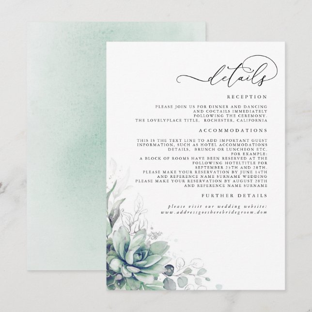 Carte D'accompagnement Succulent Verdure Argent Feuille Détails Mariage (Devant / Derrière)