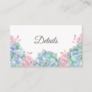 Carte D'accompagnement Succulents bleu rose. Détails du mariage Cactus
