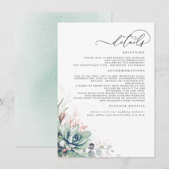 Carte D'accompagnement Succulents Verdure Rose Or Mariage Détails (Devant / Derrière)