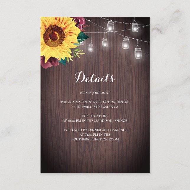 Carte D'accompagnement Sunflower Bourgogne Jar Lights Détails du Mariage (Devant)