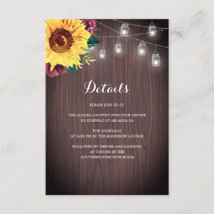 Carte D'accompagnement Sunflower Bourgogne Jar Lights Détails du Mariage