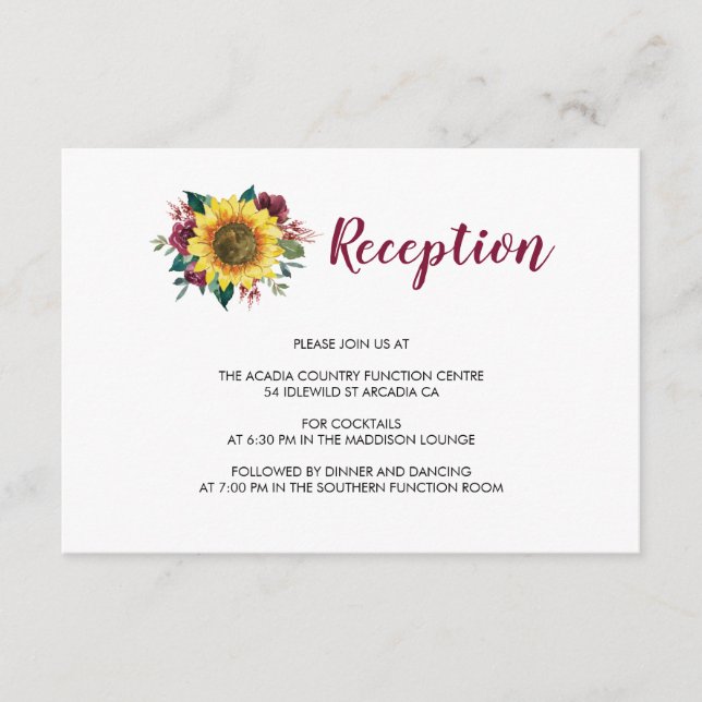 Carte D'accompagnement Sunflower Bourgogne Rose Floral Mariage Réception (Devant)