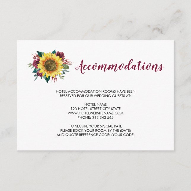Carte D'accompagnement Sunflower Bourgogne Rose Mariage Hébergements (Devant)