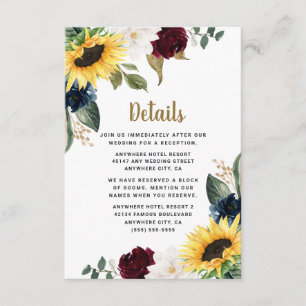 Carte D'accompagnement Sunflower Bourgogne Rouge et bleu marine Roses Mar
