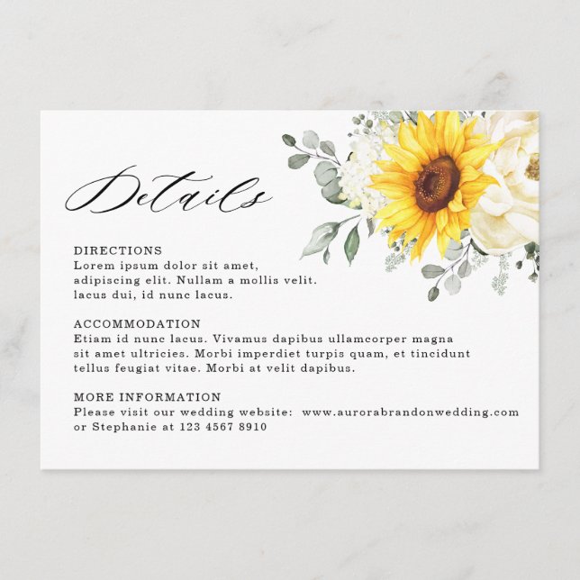 Carte D'accompagnement Sunflower Ivory Peony Eucalyptus Détails du Mariag (Devant)