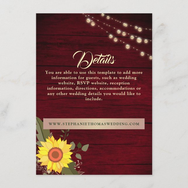Carte D'accompagnement Sunflower Rustic Wood Mariage Détails Site Web (Devant)