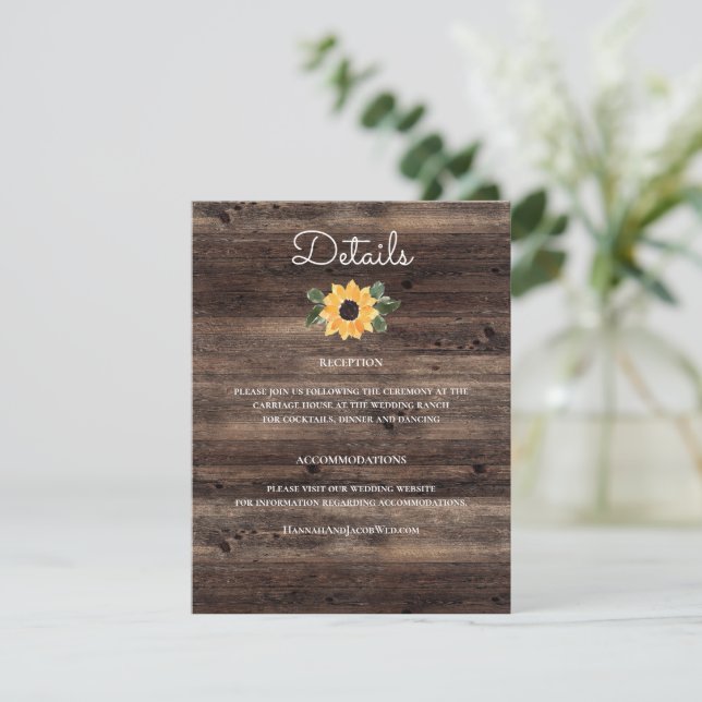 Carte D'accompagnement Sunflower Wood Rustic Détails du Mariage (Debout devant)