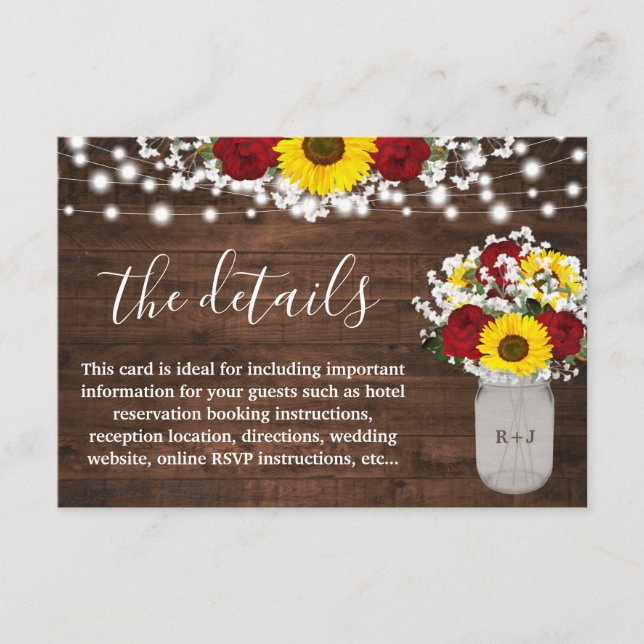 Carte D'accompagnement Sunflowers Roses Mason Jar Lights Mariage Détails (Devant)