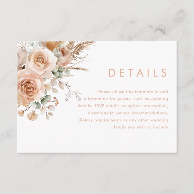 Carte D'accompagnement Superbe Boho Floral Détails du Mariage (Devant)