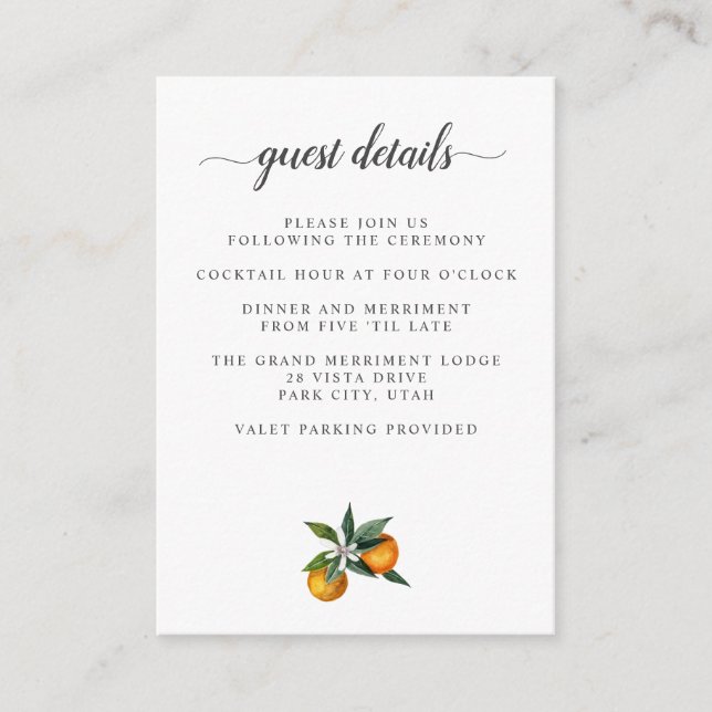 Carte D'accompagnement Tangerine Citrus Détails du MARIAGE Hébergement (Devant)