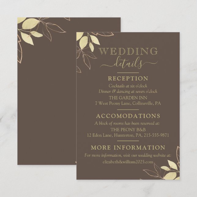 Carte D'accompagnement Taupe foncée & Liage doré Mariage botanique modern (Devant / Derrière)