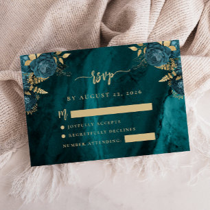 Carte D'accompagnement Teal Bleu Or Floral Agate Écriture Réponse Mariage