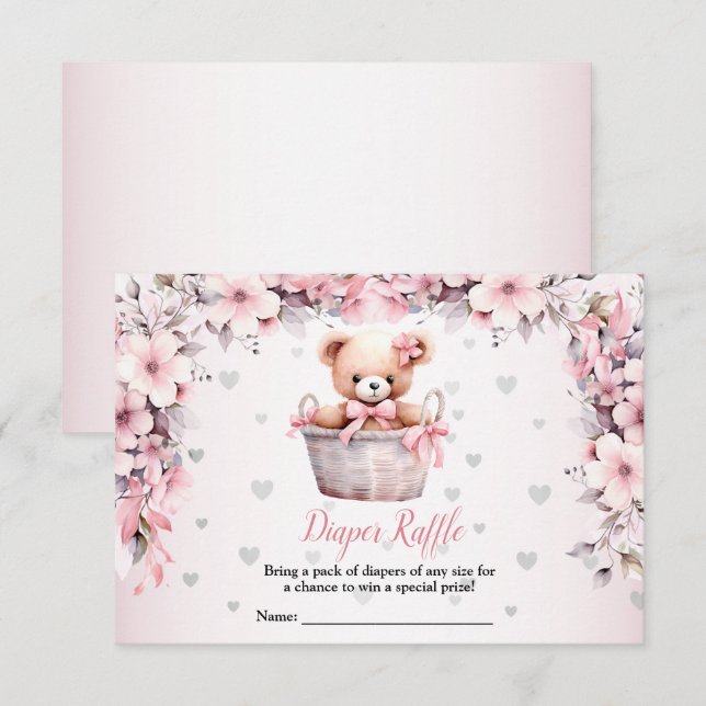 Carte D'accompagnement Teddy Bear Baby Girl Baby shower de fleurs roses (Devant / Derrière)
