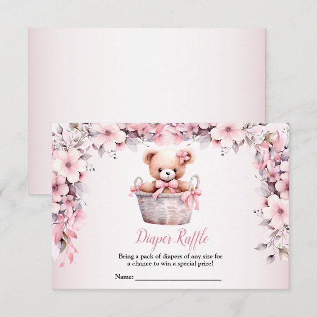 Carte D'accompagnement Teddy Bear Baby Girl Baby shower de fleurs roses (Devant / Derrière)