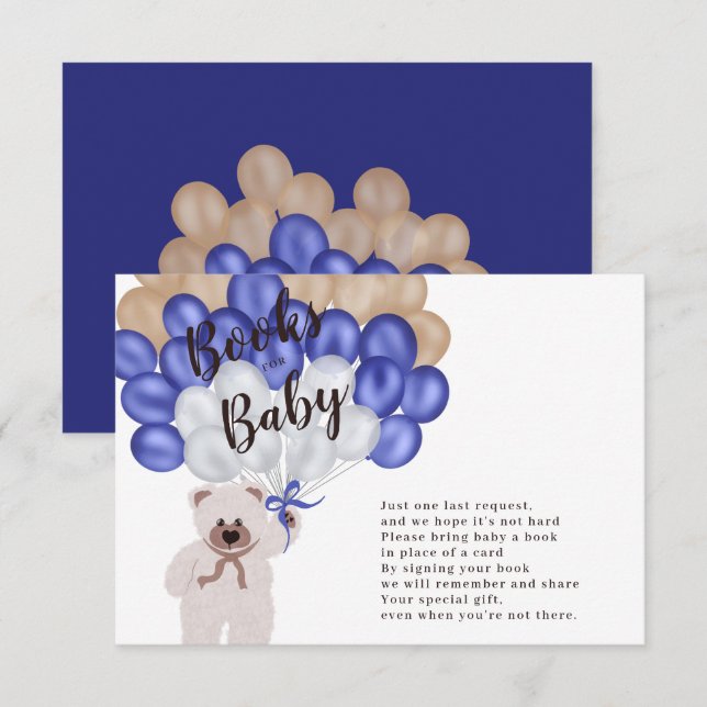 Carte D'accompagnement Teddy ours bleu marine livres de ballon pour bébé (Devant / Derrière)