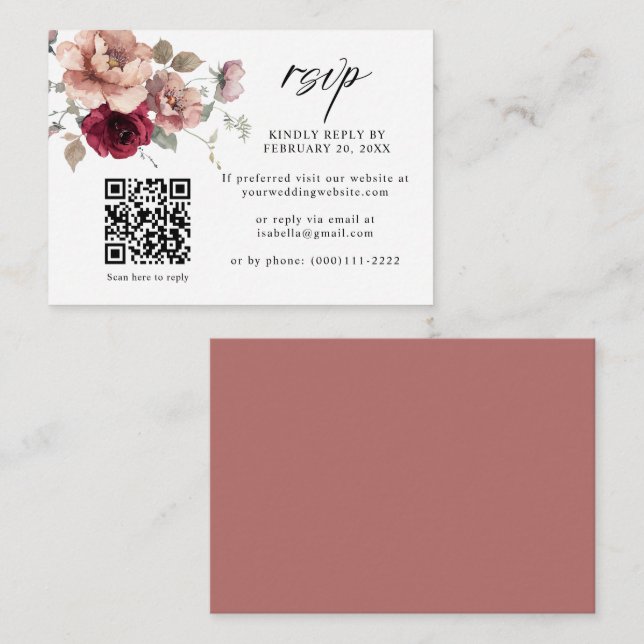 Carte D'accompagnement Terracotta Bourgogne Floral QR Code Mariage RSVP (Devant / Derrière)