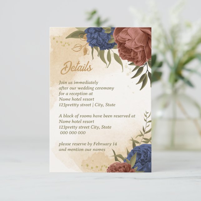 Carte D'accompagnement terre cuite bleu marine fleuri mariage (Debout devant)