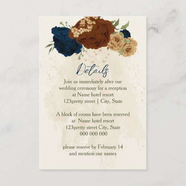 Carte D'accompagnement terre cuite marine fleurs détails mariage (Devant)