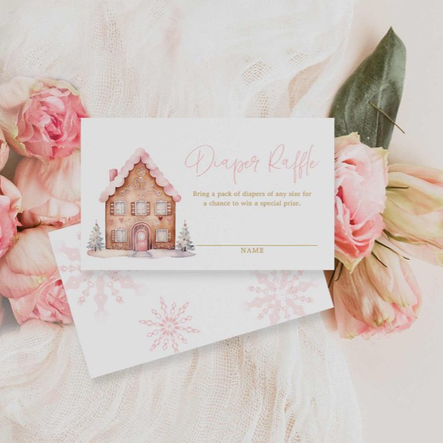 Carte D'accompagnement Ticket Raffle Pink Girl Christmas Diaper (Pink Winter Gingerbread House Baby shower Diaper Raffle Ticket)