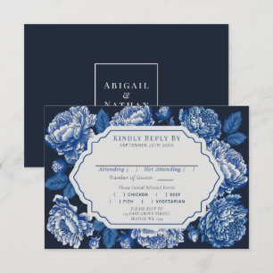 Carte D'accompagnement Toile Bleue De Jouy Peony Mariage RSVP