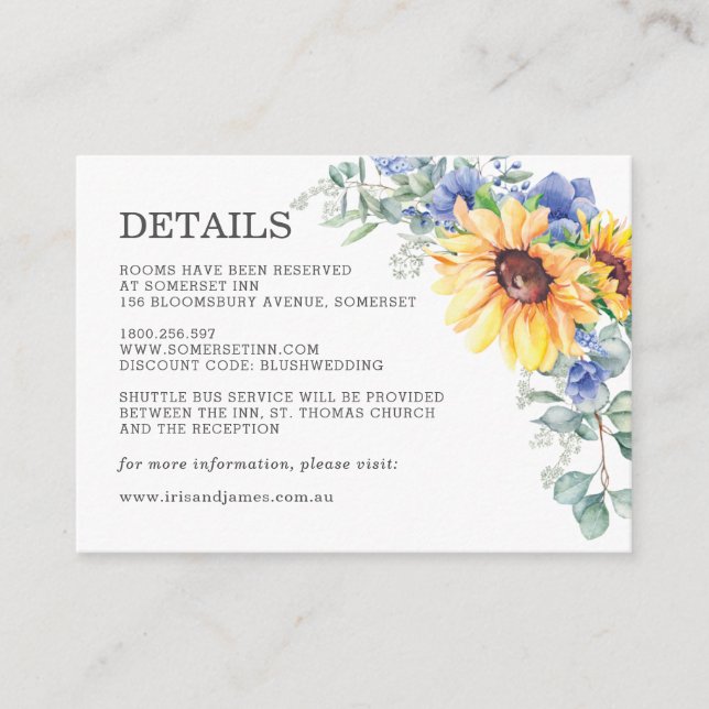 Carte D'accompagnement Tournesol bleu rustique Détails du Mariage (Devant)